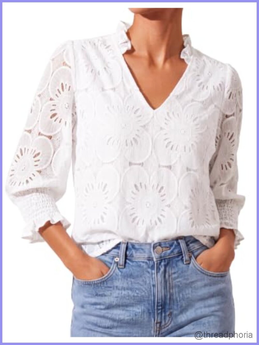 Women's 3/4 Sleeve V-Neck Blouse Eyelet Lace Boho Casual Ruffle Top